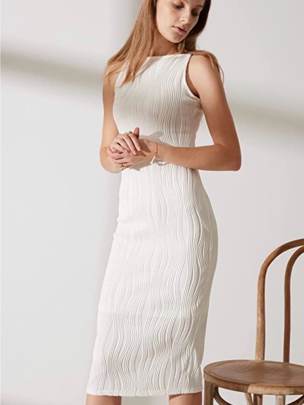 RIHOAS White Sleeveless Textured Midi Dress